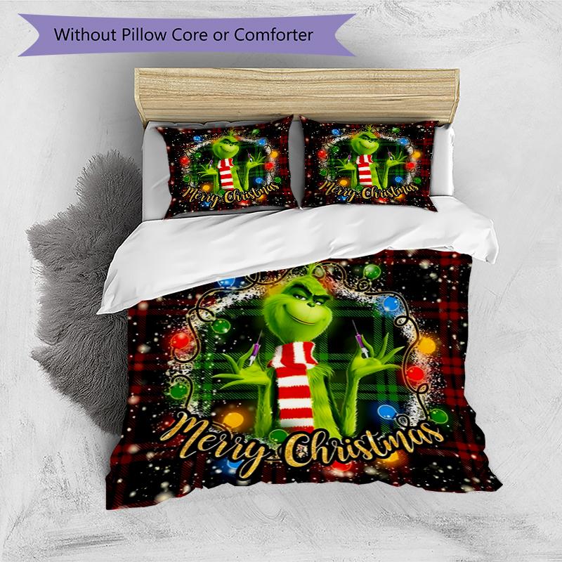 Christmas Grinch Design Bed Bedding Set 1 Duvet Cover + 2 Pillowcases Soft Breathable Household Bed Linens