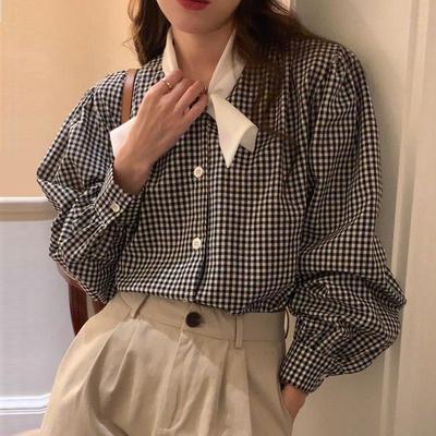 Korean Chic 2025 Spring Retro Color Block Plaid Bow Stand-Up Collar Loose Long-Sleeve Shirt for Women
