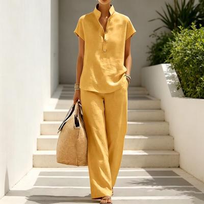 Conjuntos de 2 Piezas de Algodón y Lino para Mujer, Manga Corta, Botones, Cuello en V y Pantalones Largos, Atuendos de Verano para Estar en Casa con Bolsillos