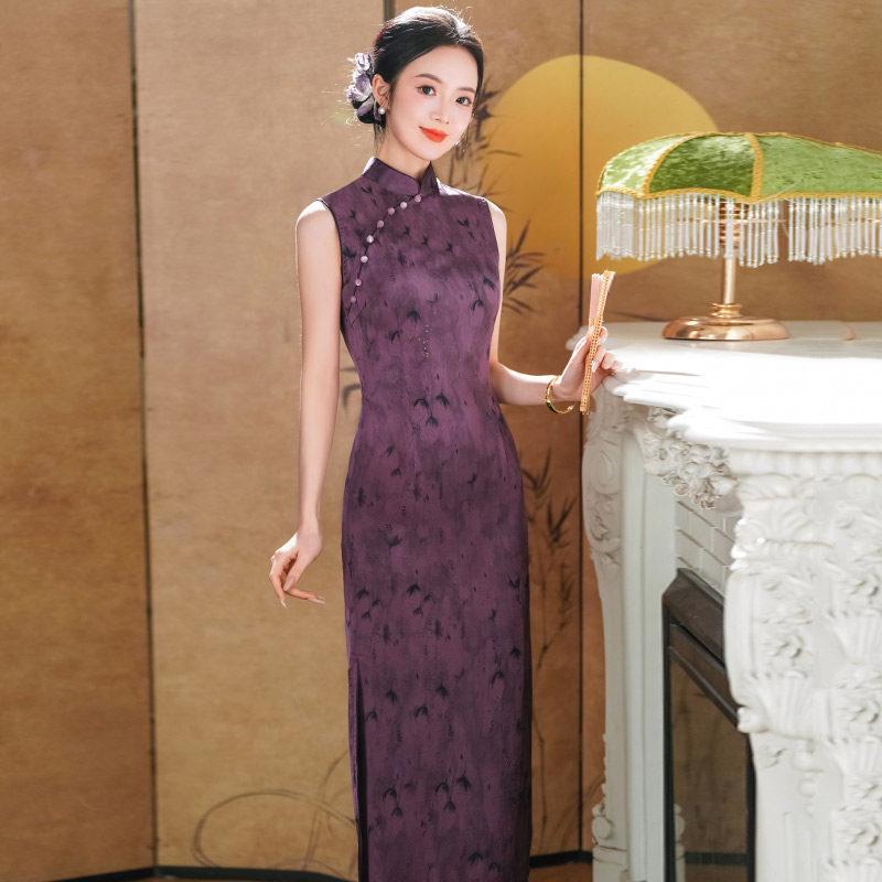 Purple sleeveless national style new Chinese long improved cheongsam 1011 new women's high-end mother outfit for summer test