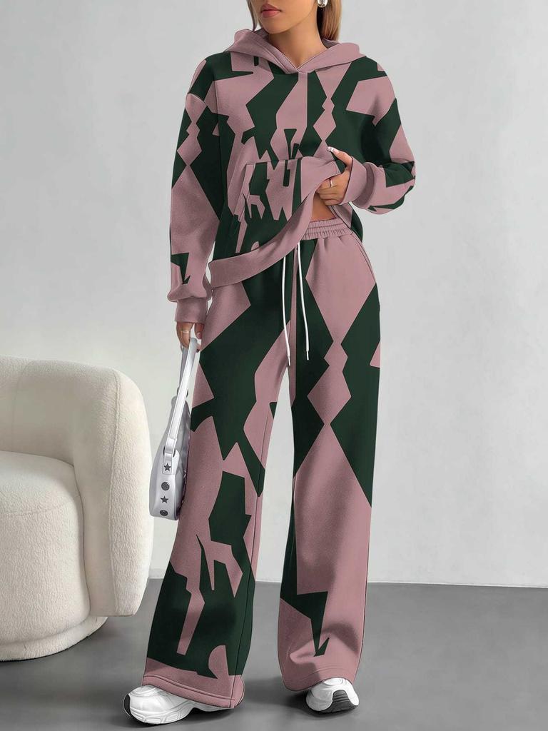 Flame splicing European and American autumn and winter casual long-sleeved suit women's hooded sweater trousers two-piece set