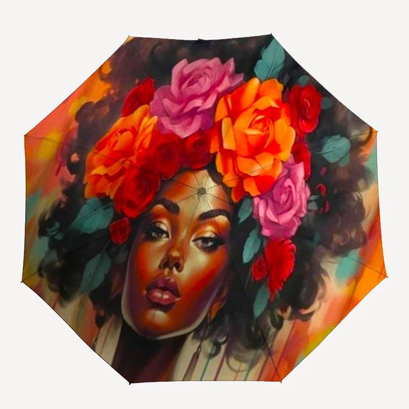 Floral Crown Afro Woman Art PrintUmbrella with Cute Design,Portable 3-Fold Compact Umbrella for Men&Women,Valentine's Day Mother's Day Hallo