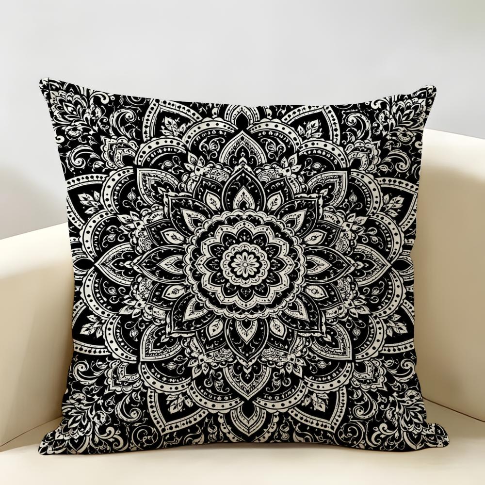 Black And White Mandala Cushion Cover Durable Hypoallergenic Organic Linen Pillow Cover Short Size Washable Skin-Friendly