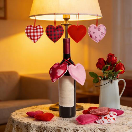 12 Stück Filzstoff Herz Hängeornament Rot Rosa Büffelkaro Herzanhänger für Valentinstag Hochzeitsfeier DIY Bastelarbeiten