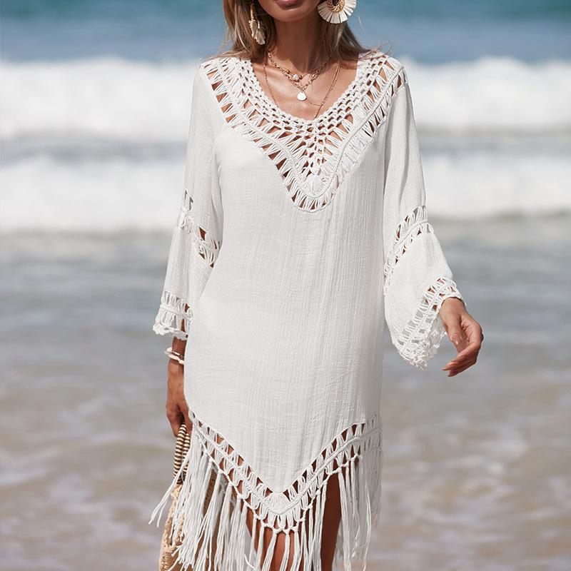 Letní Dámská Ruka Háček Krk Jednobarevný Patchwork Středně dlouhý rukáv Dlouhý střapec Průhledný Volný krém na opalování Sexy plážový kryt