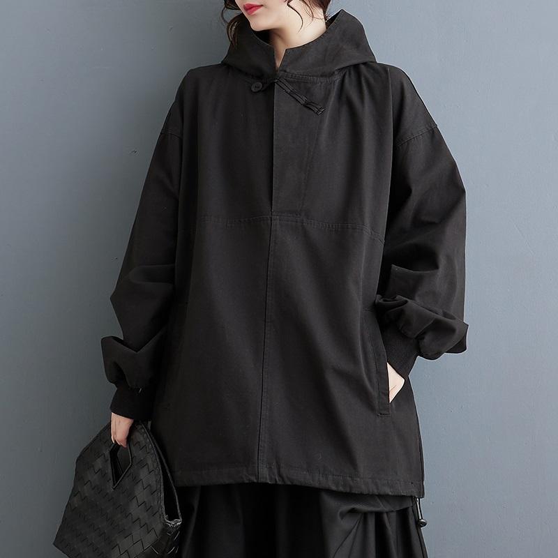 Long Sleeve Plus Size Black Hooded Tops Women Casual Loose Spring Autumn Pullover Overcoat