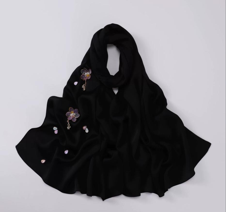 Fashion Hijab With Diamonds Flowers Muslim Scarf Shawls Solid Headscarf Wraps Ramadan Eid Hijabs Headband Turban
