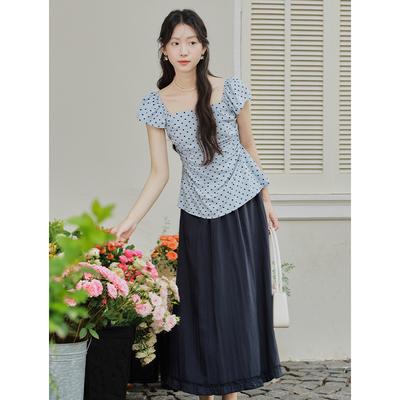 Sommer süß gepunktete Taille kurzärmeliges Oberteil schönes Hemd + Rock Set zweiteiliges Set
