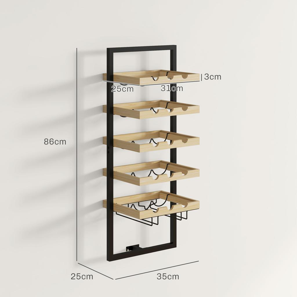 Wall-mounted Wine Rack In Wood and Steel for 15 Bottles of and 4 Glasses. 35x25x86cm
