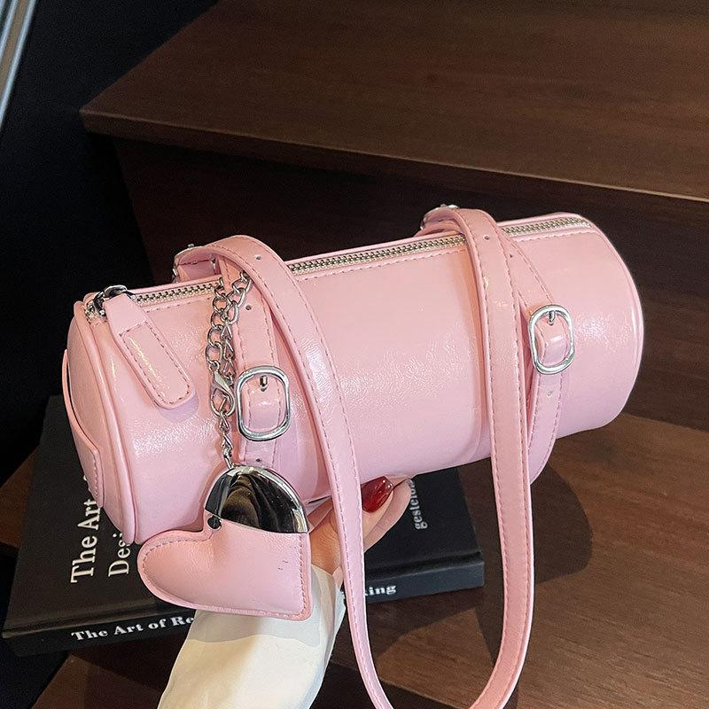 Simple oil wax leather portable cylinder bag niche design casual versatile shoulder pillow bag women