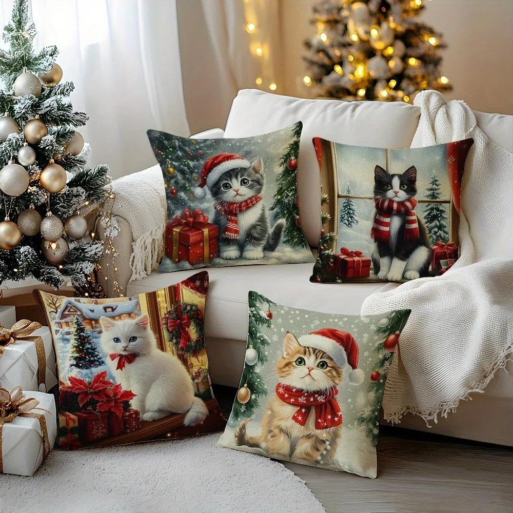 1Pc Christmas Cat Pillowcases: Adorable Kittens In Festive Attire Sofa Room Cushion Cover Home Decoration New Year Gift