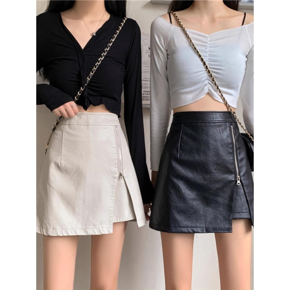 Women's High Waist A‑Line Mini Skirt Irregular PU Mini Skirt Side Zipper Casual Bottoms