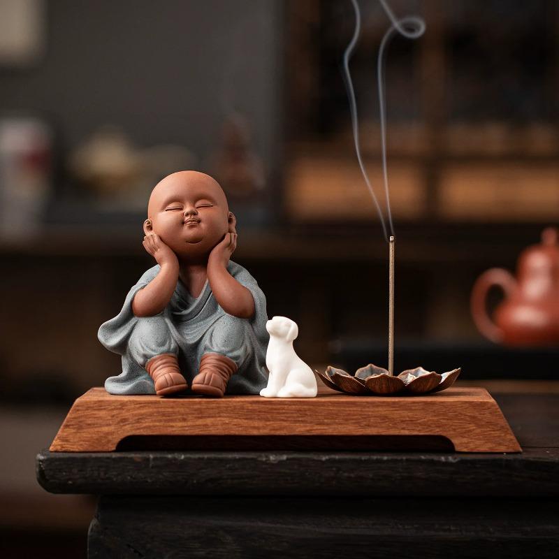 Zen Tea Pet, Cute Little Monk Figurine for Tea Table, Zen Meditation Ornament for Home Office Desk