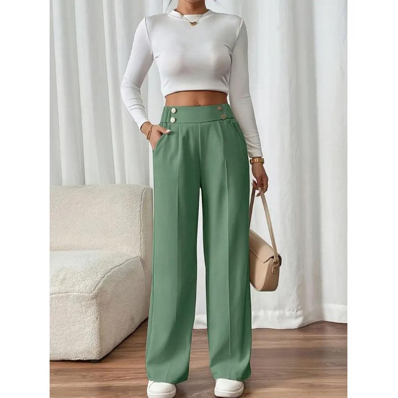 Women's High Waist Wide Leg Pants - Flowy Floor-Length Trousers Minimalist Straight Fit Lounge Pants with Elastic Wais