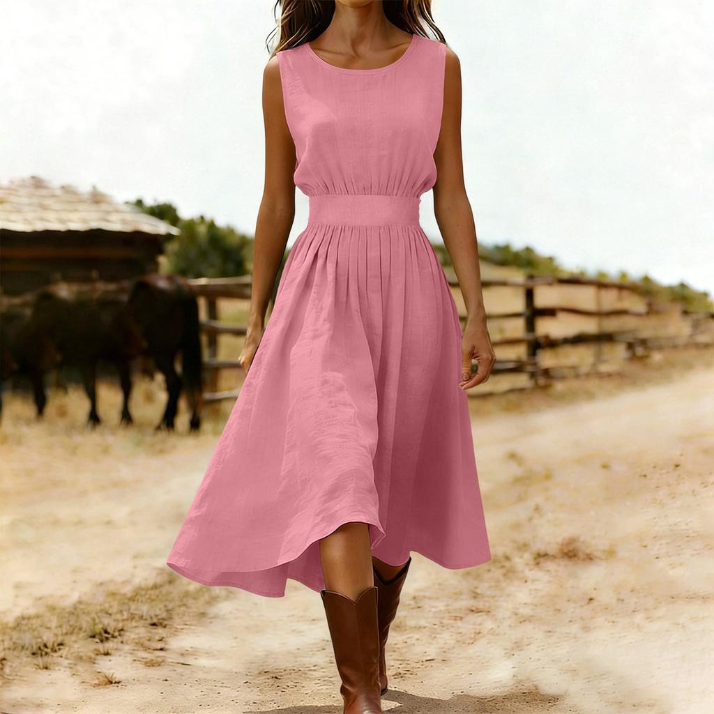 Sleeveless Midi Dress for Women Crew Neck Casual Fit and Flare Solid A Line Dress with Elastic Waist for Daily Wear