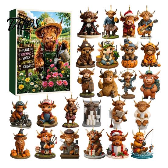 Lustiger festlicher Adventskalender 2026 Hochlandrind Kalender, 2D Flaches Acryl Tägliches Überraschungsgeschenk für Kinder Ornamente, 24 Tage Countdown bis Weihnachten G
