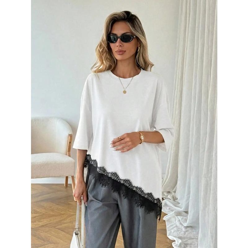 Summer Arrival Women's Oversized Ruffle Print Leopard Print Padded Lacing Loose Fit T-Shirt