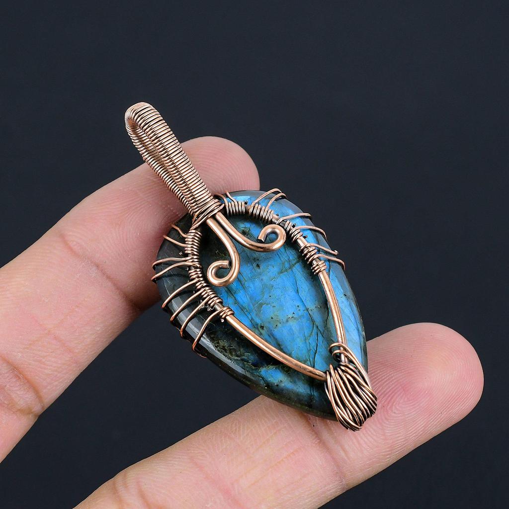 Natural Double Tree of Life Labradorite Gemstone Pendant | Oxidized Copper Wire Wrapped | Necklace Pendant | Copper Jewelry Gift For Her/him