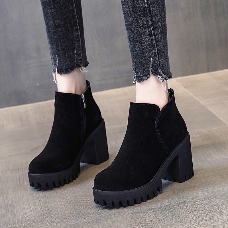 Women's High-Heel Boots, Chunky Heel Boots for Fall/Winter, Fleece-Lined Thick-Sole British-Style Short Boots