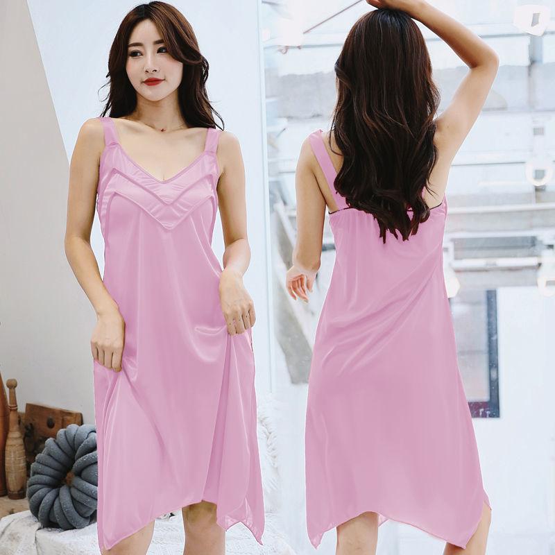 

Пижама женская летняя ночная рубашка на бретельках из ледяного шелка, дышащая юбка больших размеров, весенне-летняя кружевная тонкая ночная рубашка средней длины XXXXL розовый