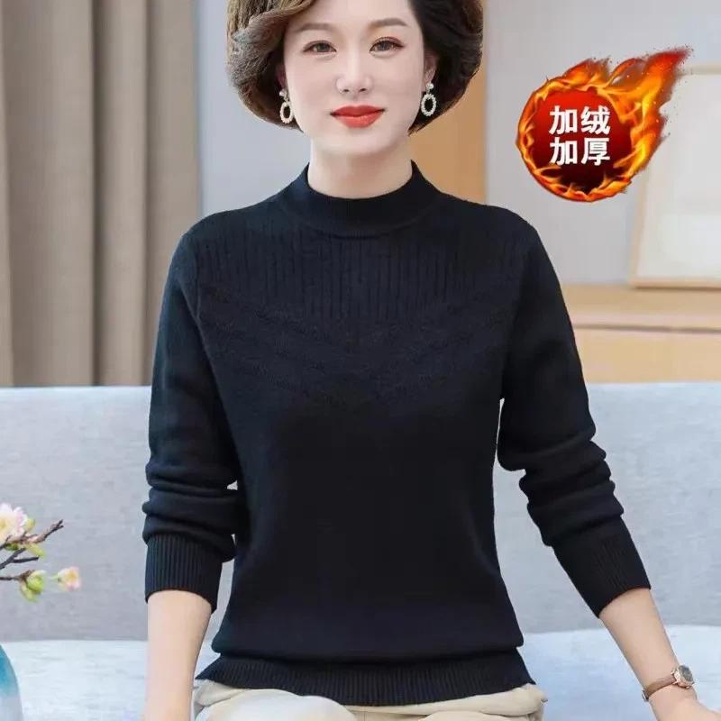 Sweater with Velvet Thickened Half Turtleneck Winter Knitted Warm All-in-one Velvet Top as Base Layer