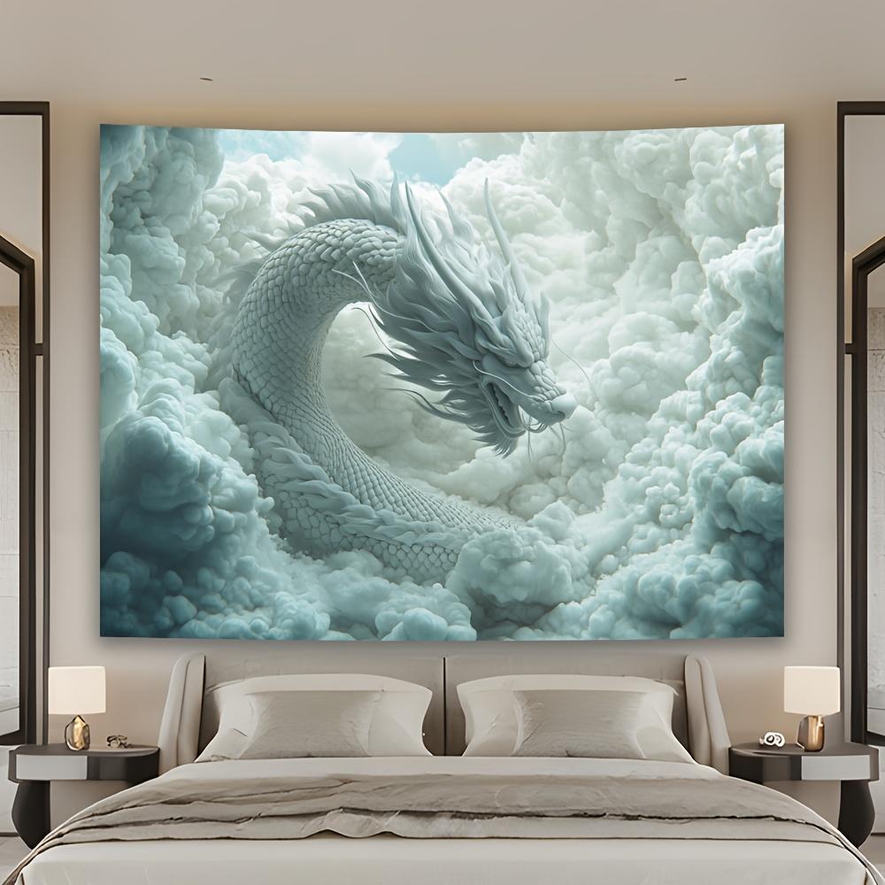 1 Stück Drache in den Wolken Wandteppich mit komplexem weißem Drachenmuster, Polyestergewebe, geeignet für Wohnzimmer, Schlafzimmer