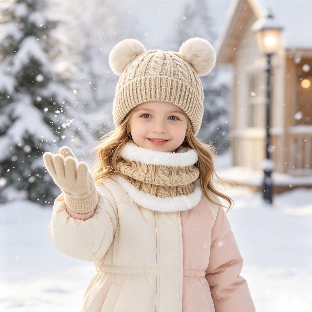 3Pcs/Set Warm Knitted Hats Scarfs Plush Bonnet Gloves Kits Children Scarf Hat Gloves Set  Outdoor