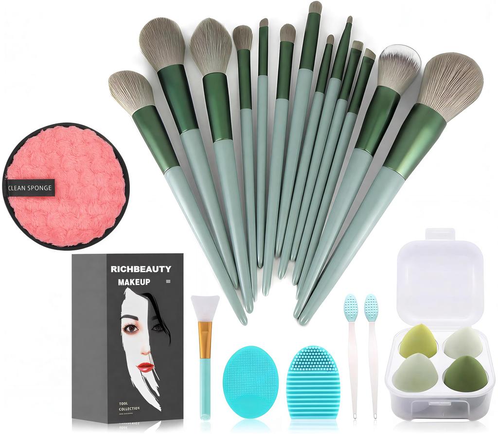 23 Pcs Makeup Brush Kit, Foundation Brush Eyeshadow Brush, Makeup Sponge Puff Set, Makeup Remover Pads (Green, 23 Piece Set)