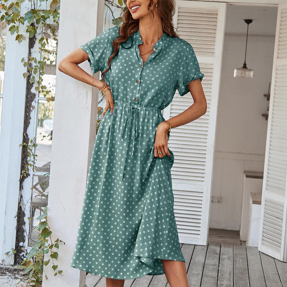 

Women s Blue Green Polka Dot Dress with Button Front, Roll-Up Sleeves, and Drawstring Waist S рожевий