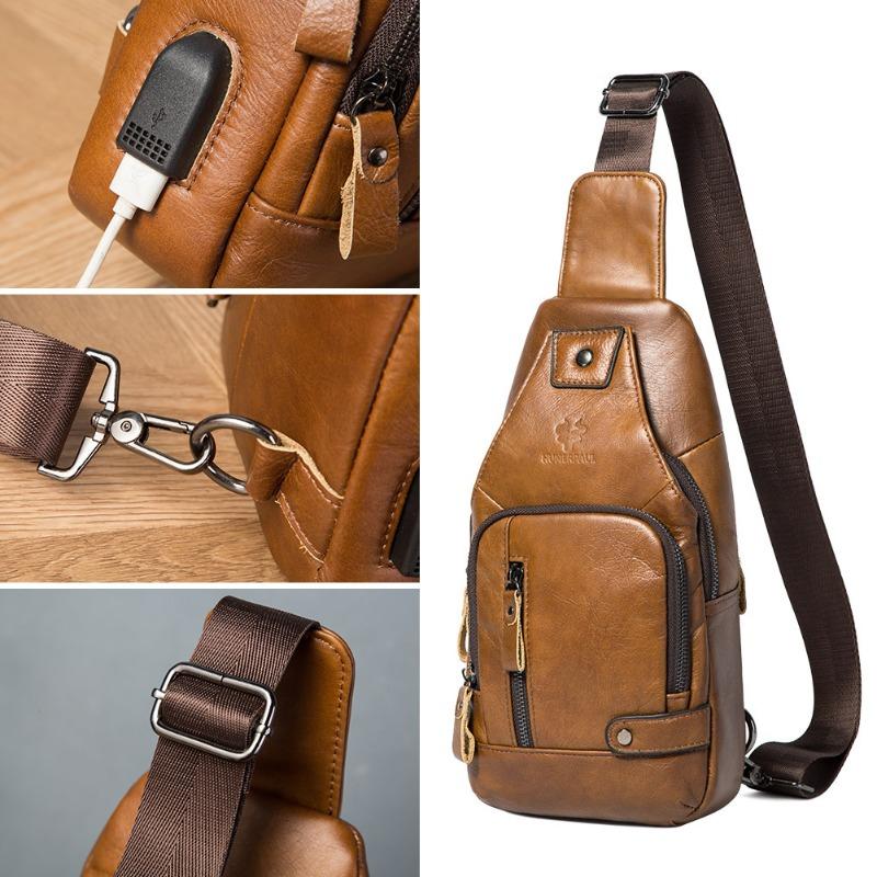 First Layer Cowhide Men's Soft Leather Chest Bag Leather Outdoor Flat Plate with Line Crossbody Bag Large Capacity Bag