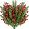 Christmas Artificial Pine BranchesFaux Pine Needles Branches- Artificial Pine Needles Picks with Artificial Red Berry Stems for DIY Christmas