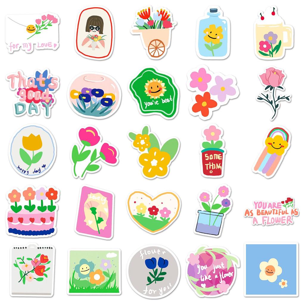 50 Original Flower Cartoon Plant Stickers for DIY Notebook, Laptop, or Hand Account Decoration