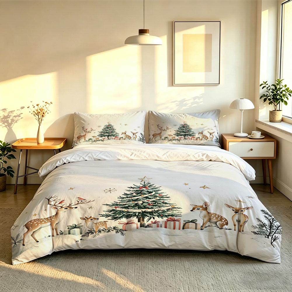 Deer Christmas Tree Snow Scene Duvet Cover Set 3 Piece Queen Size Soft Cozy Bedding Winter Holiday Gift for Family