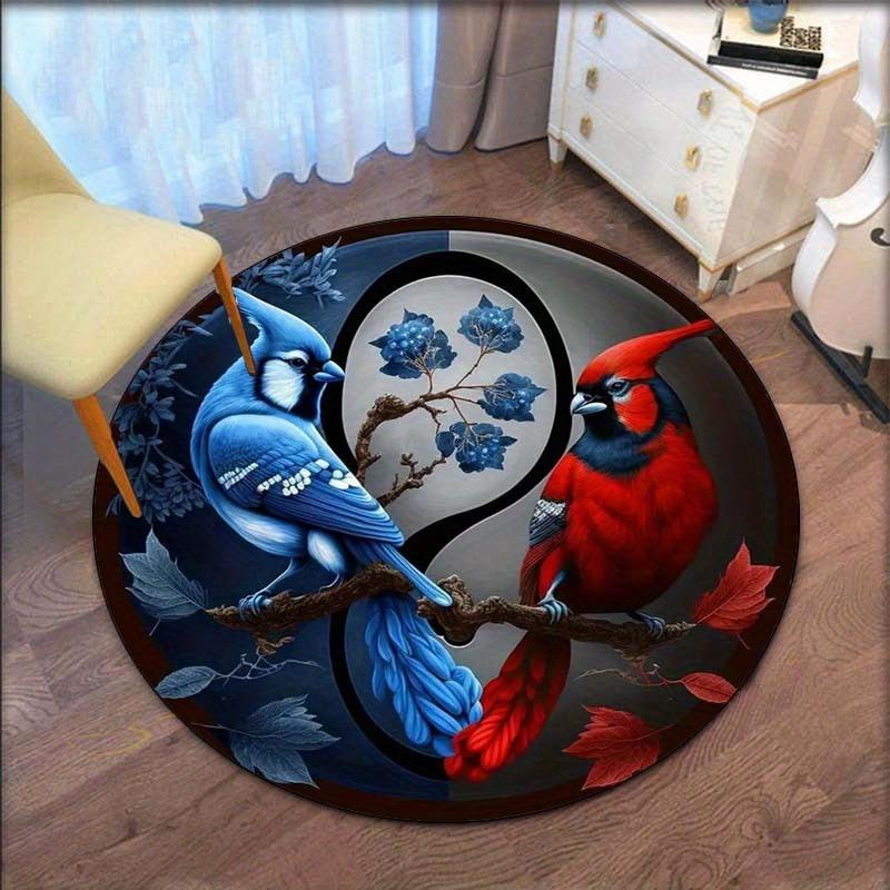 

Yin Yang Birds Blue Red Cardinal Round Crystal Velvet Rug Nature Harmony Art Decorative Floor Mat for Living Room Bedroom Home 60cm x 60cm