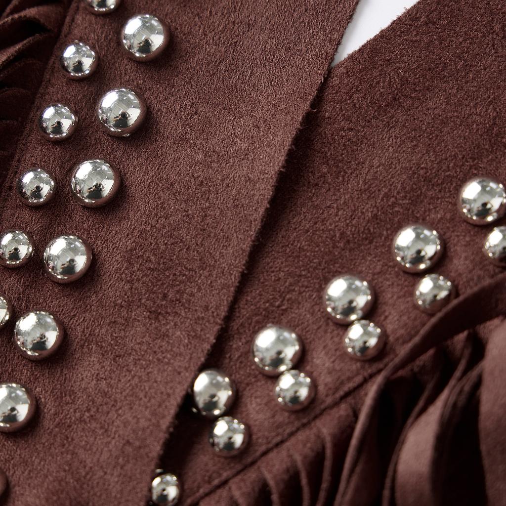 Women's Studded Suede Vest 70s Hippie Outfit Sleeveless Open Front Tassel Vest Collar