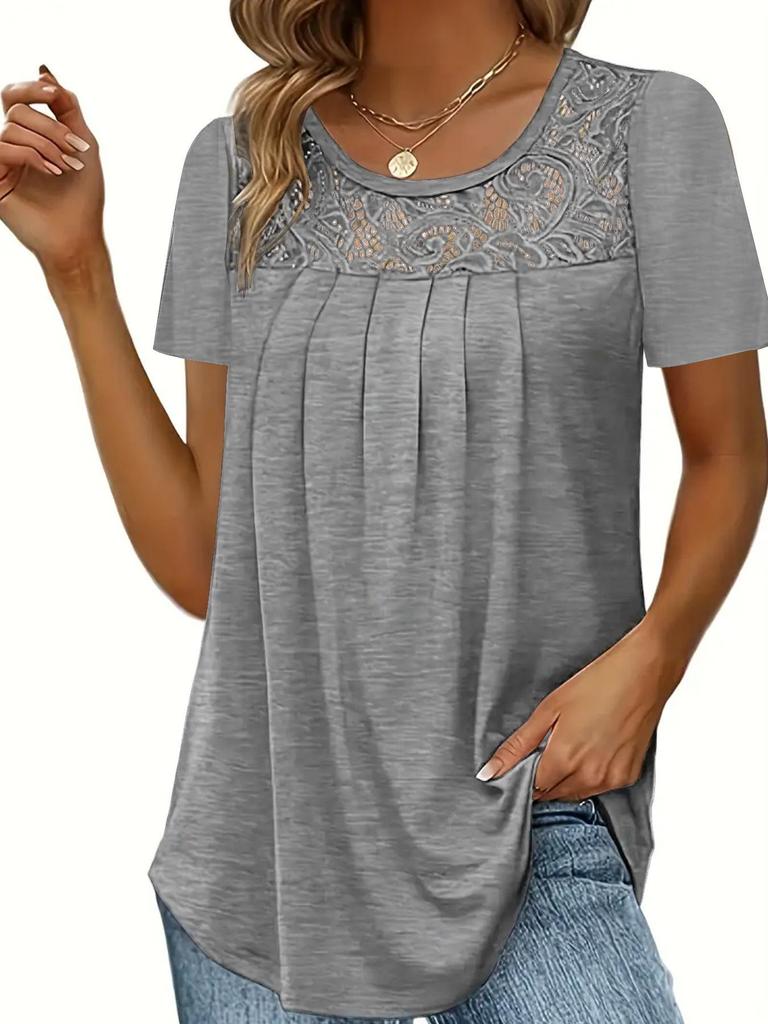 T-shirt a pieghe larghe patchwork in pizzo da donna T-shirt oversize in pizzo patchwork oversize S-5XL ZC-403