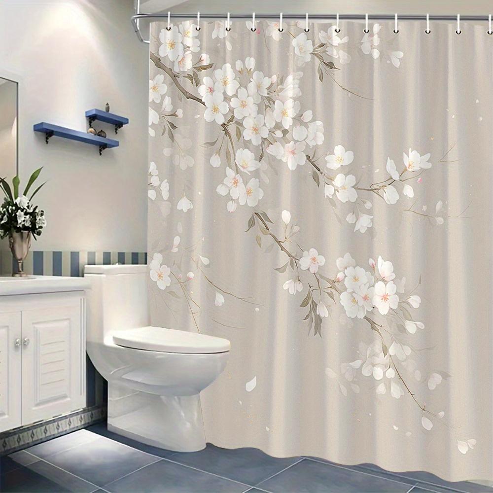 Cherry Blossom Shower Curtain Soft Pink White Beige Background Polyester Machine Washable With 12 Hooks For Bathroom Decor