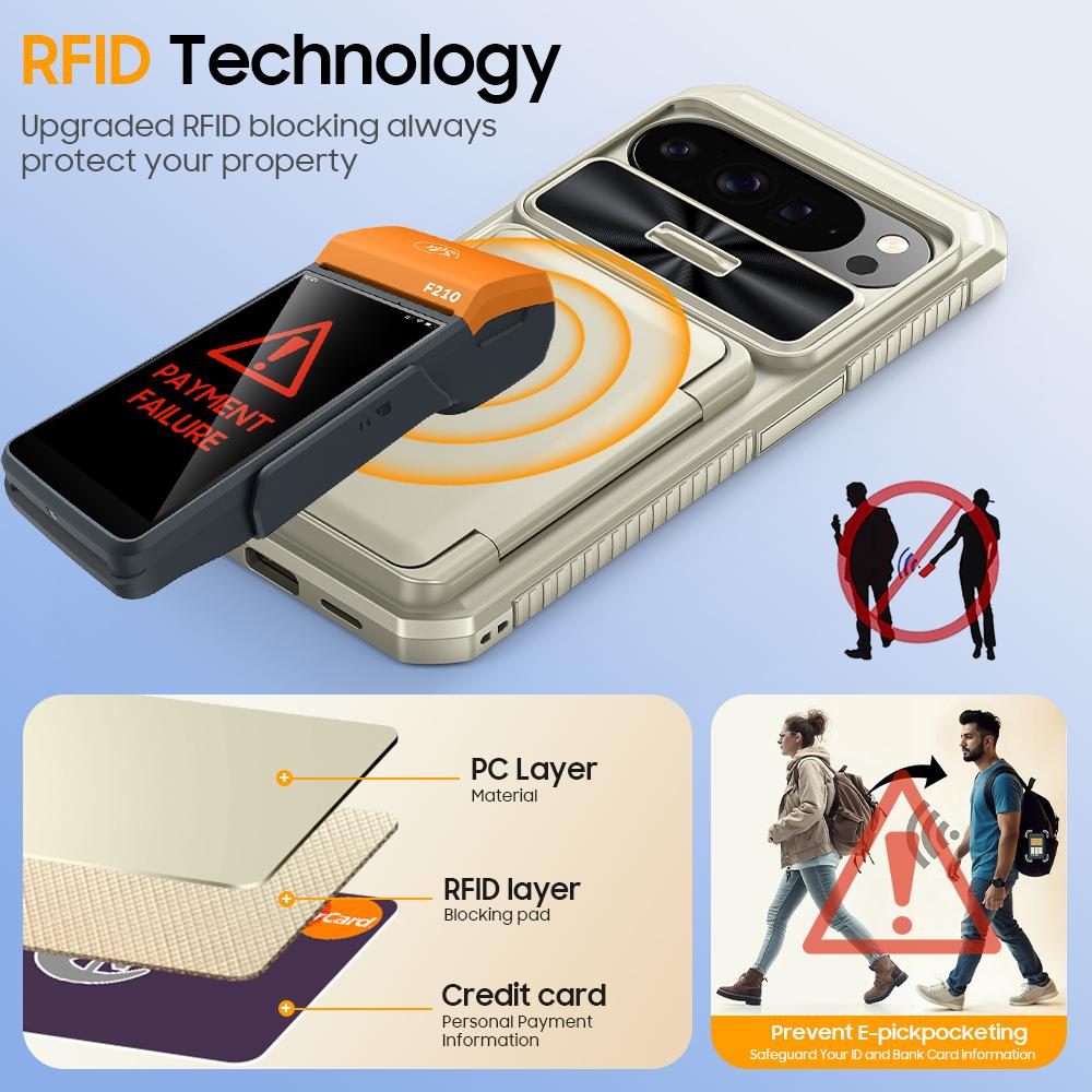 With Card Holder Sliding Camera Cover And Stand For Google Pixel 10 Pro XL Phone Case, Anti-Fall PC+TPU Wallet Case-Champagne