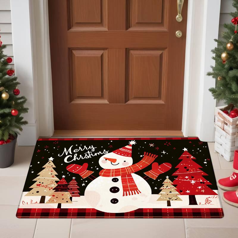 1pc Festive Christmas Door Mat - Red & Black Plaid with Snowman & Tree Design, Non-Slip, Washable Polyester Mat for Entryway, Ki