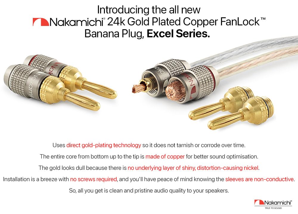 Nakamichi FanLock Excel Series 24k Gold Plated Banana Plugs 10 AWG 18 AWG Gauge Size 4mm for Speaker Amplifier Stereo Home Theater Radio Audio Wire