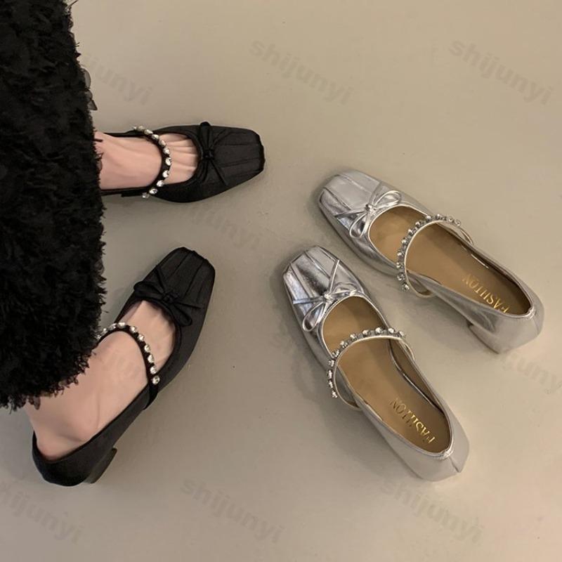 Fashion Women's Bow-knot High Heels 2025 Autumn New Square Toe Coarse Heel Ballet Shoes Comfortable Medium Heel Mary Janes Elegant Pumps