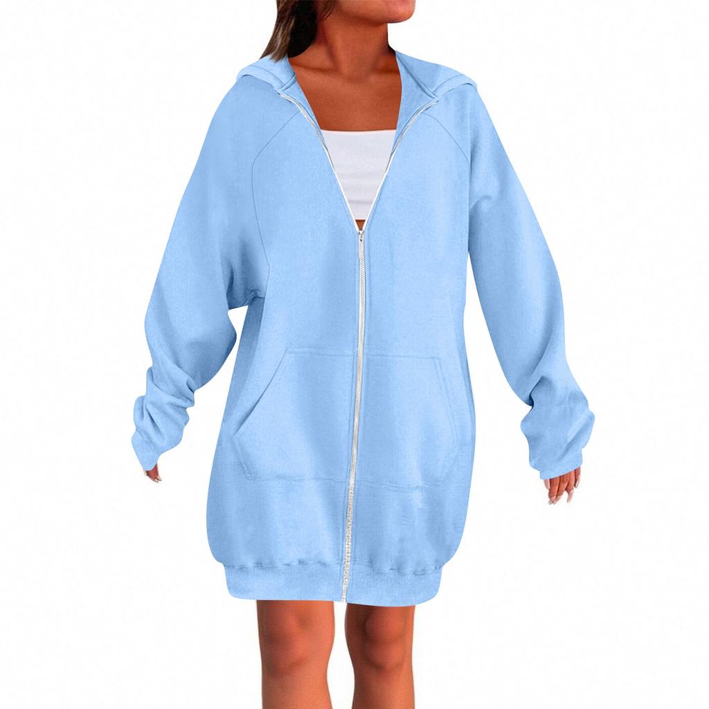 Women's Solid Color Zippered Sweatshirt Top Daily Casual Raglan Long Jacket (Without Hood Drawstring)