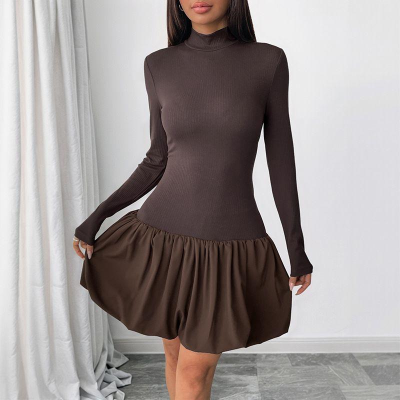 Elegant Long Sleeve Dress Women 2025 Autumn New European and American Turtleneck Patchwork Bottoming Short Skirt