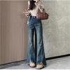 2025 Women's High Waist Bell Bottom Jeans: Stretchy Blue-Gray Raw Hem with Slit for Long-Leg Look