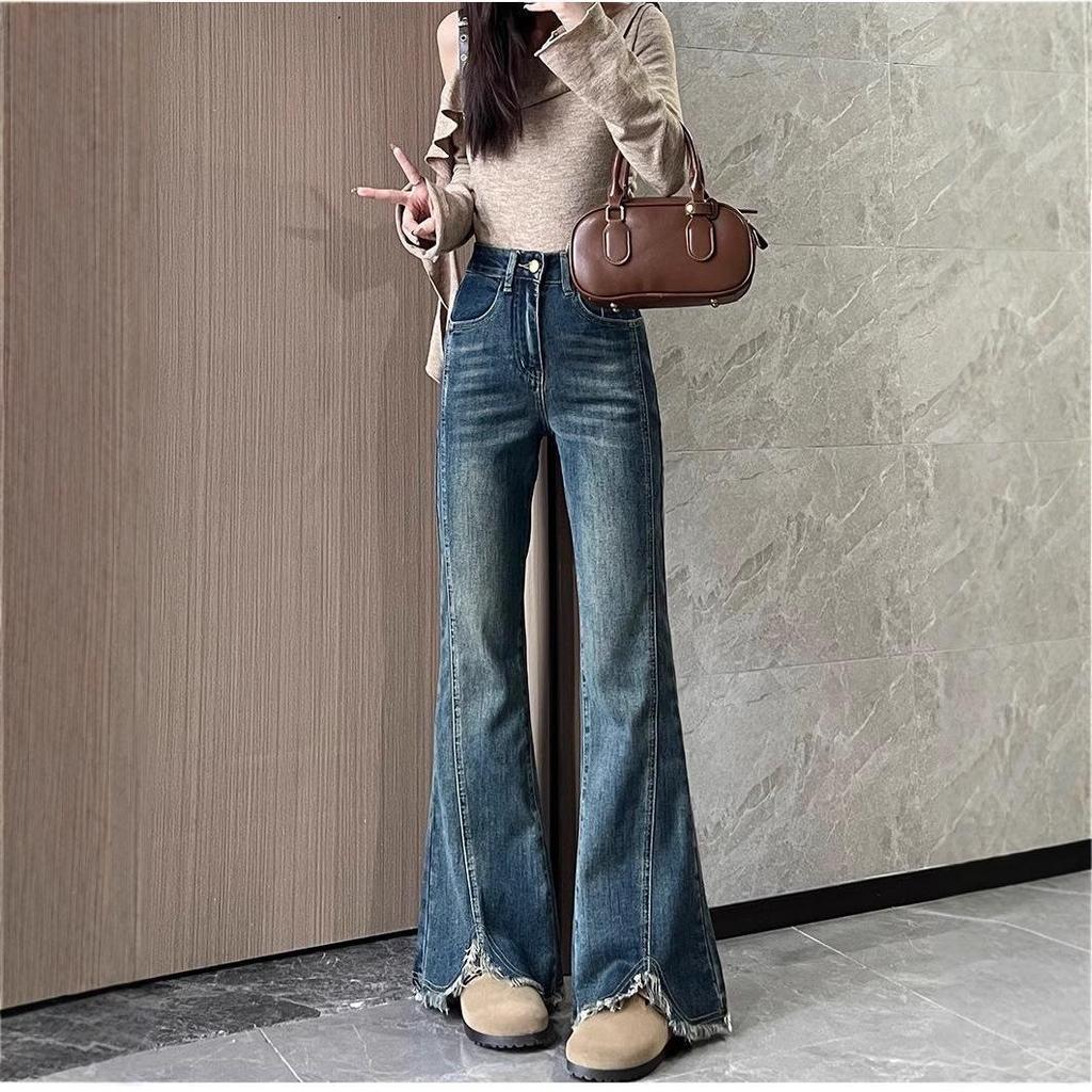 2025 Women's High Waist Bell Bottom Jeans: Stretchy Blue-Gray Raw Hem with Slit for Long-Leg Look