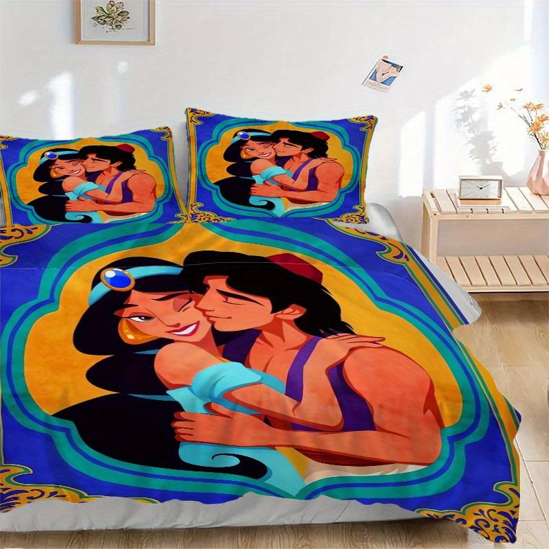 

3pcs Princess Jasmine & Aladdin Romantic Love Quilt Cover Set (1 Quilt Cover + 2 Pillowcases Without Pillow Core), High-Definition Printing for H 135x200cm