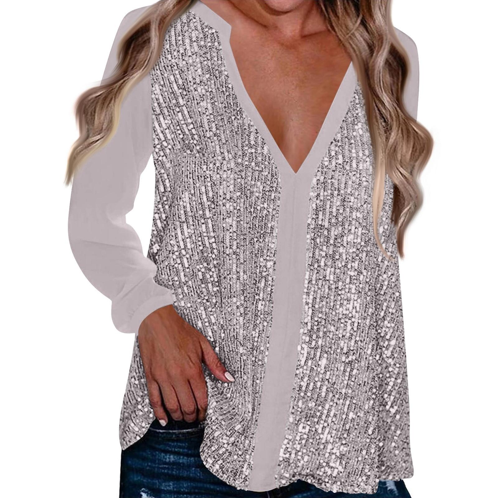 

Жіноча модна одноколірна вільна повсякденна сорочка з V-подібним вирізом і довгими рукавами з блискітками XXXL рожевий