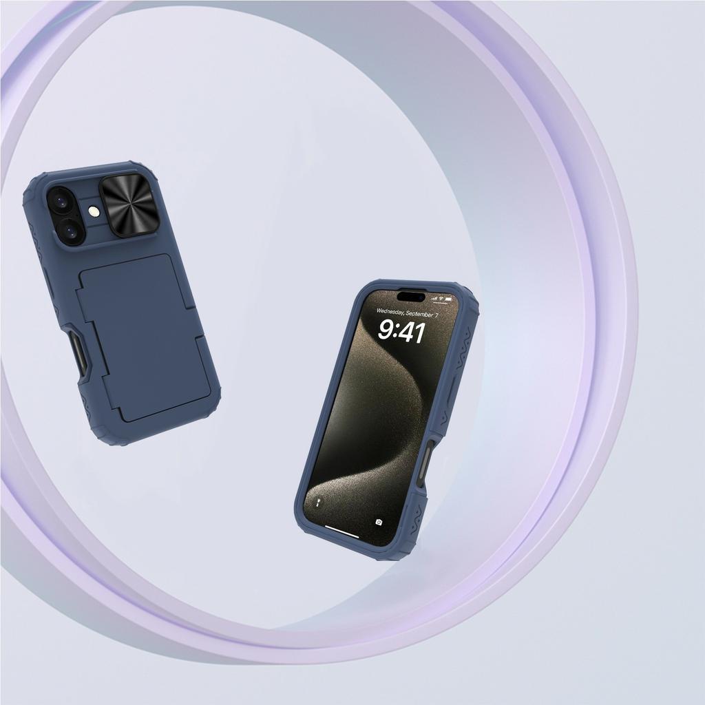 For iPhone 16 Case Card Holder Mirror PC+TPU Phone Shell with Lens Cover