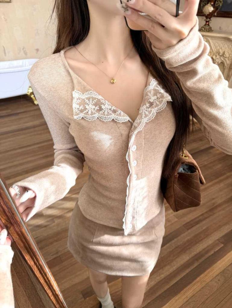 Women's Elegant Lace Spliced Long-Sleeve Cardigan - Slim-Fit, Chic & Versatile Winter Design