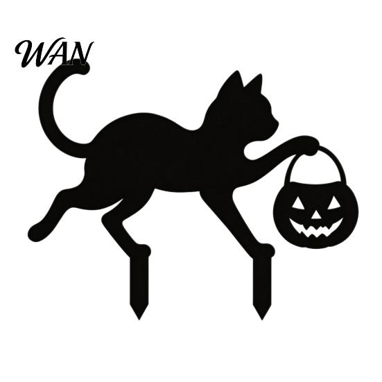 Durable Metal Yard Inserts Halloween Black Cat Stakes, Garden Stake with Pumpkin Lantern and Waterproof Statues Witch Broom, Outdoor Lawn Art
